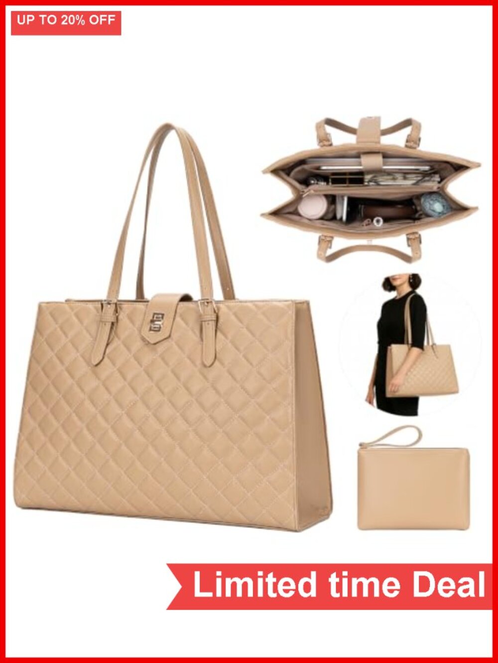 Quilted Faux Leather Laptop Tote Bag with Detachable Clutch, Fits 13-14" Laptop